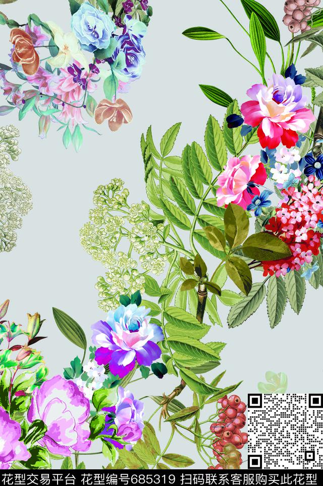 乱花手绘花卉数码印花华亿平台下载（图片编号: 685319） - 瓦栏（Walan）