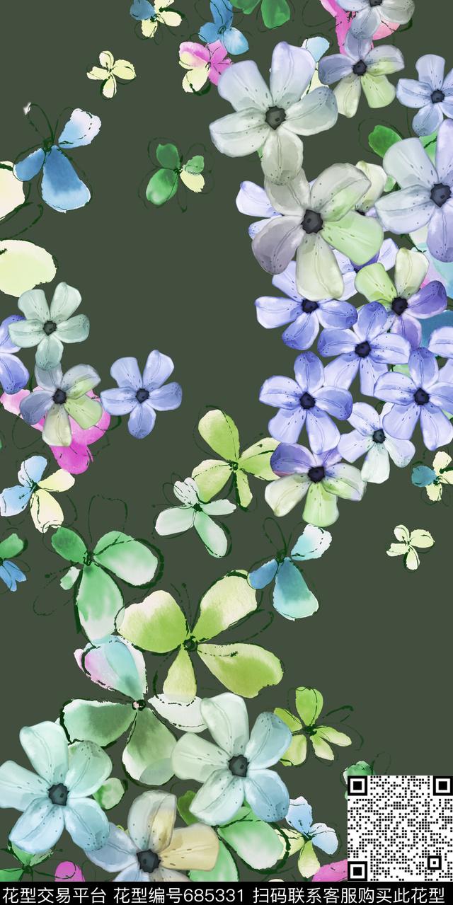 手绘乱花花卉数码印花华亿平台下载（图片编号: 685331） - 瓦栏（Walan）