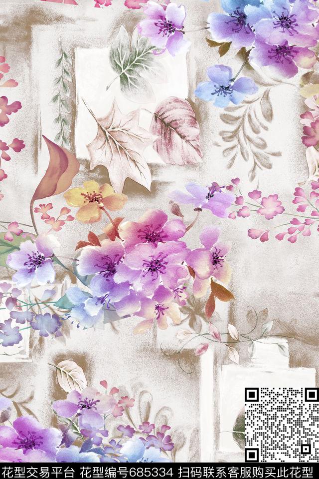 乱花手绘花卉数码印花华亿平台下载（图片编号: 685334） - 瓦栏（Walan）