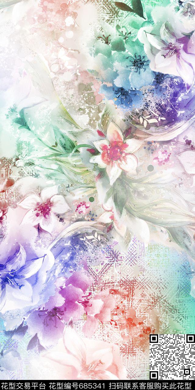 手绘乱花花卉数码印花华亿平台下载（图片编号: 685341） - 瓦栏（Walan）