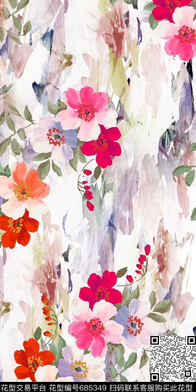 手绘乱花花卉数码印花华亿平台下载（图片编号: 685349） - 瓦栏（Walan）