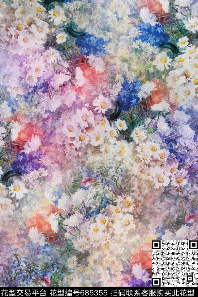 手绘乱花花卉数码印花华亿平台下载（图片编号: 685355） - 瓦栏（Walan）