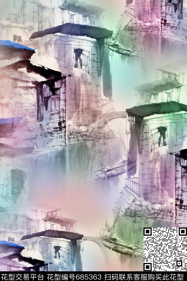 手绘建筑风景数码印花华亿平台下载（图片编号: 685363） - 瓦栏（Walan）
