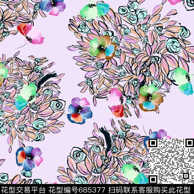 几何手绘花卉数码印花华亿平台下载（图片编号: 685377） - 瓦栏（Walan）