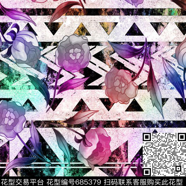 手绘花卉几何数码印花华亿平台下载（图片编号: 685379） - 瓦栏（Walan）