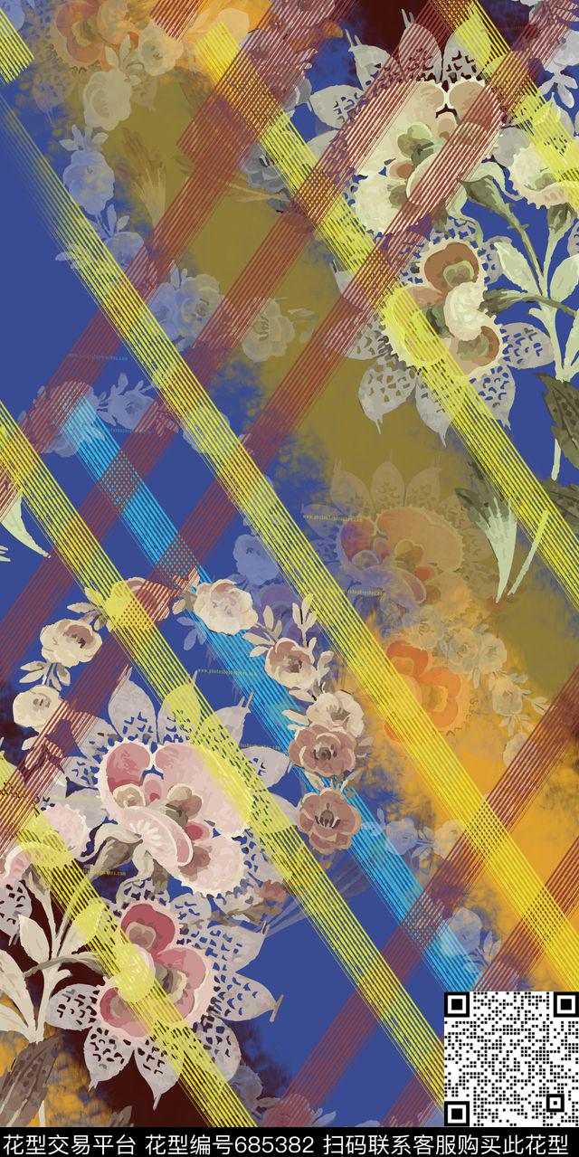 几何手绘花卉数码印花华亿平台下载（图片编号: 685382） - 瓦栏（Walan）