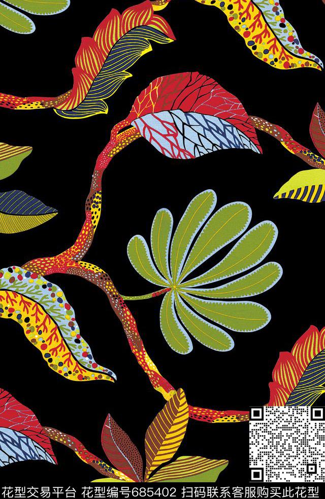 手绘植物叶子多彩植物数码印花华亿平台下载（图片编号: 685402） - 瓦栏（Walan）