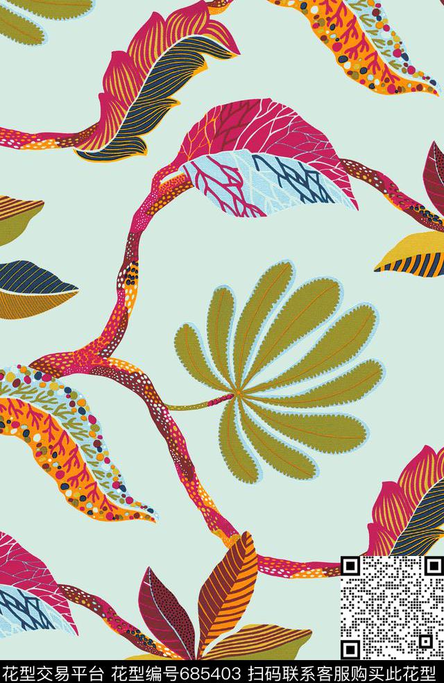 手绘植物叶子多彩植物数码印花华亿平台下载（图片编号: 685403） - 瓦栏（Walan）