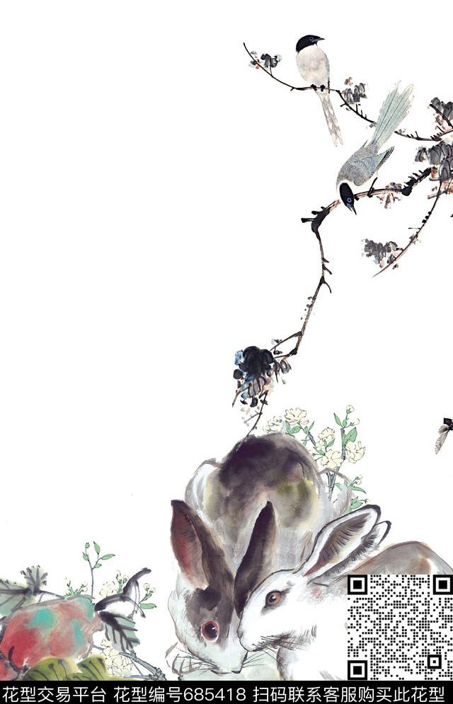 时尚手绘中国风水墨画印花兔子鸟女装定位印花数码印花华亿平台下载（图片编号: 685418） - 瓦栏（Walan）