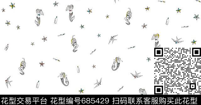 卡通美人鱼小公仔传统印花华亿平台下载（图片编号: 685429） - 瓦栏（Walan）