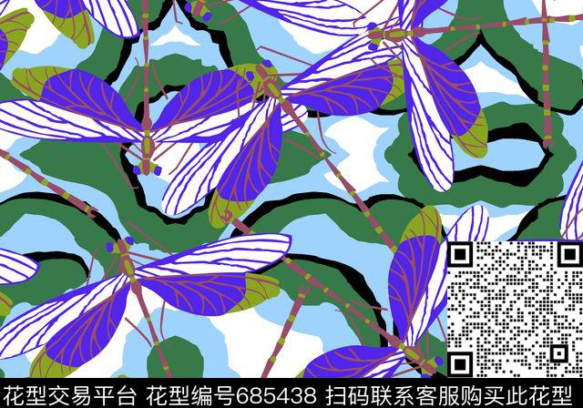 卡通蜻蜓蜻蜓色块传统印花华亿平台下载（图片编号: 685438） - 瓦栏（Walan）