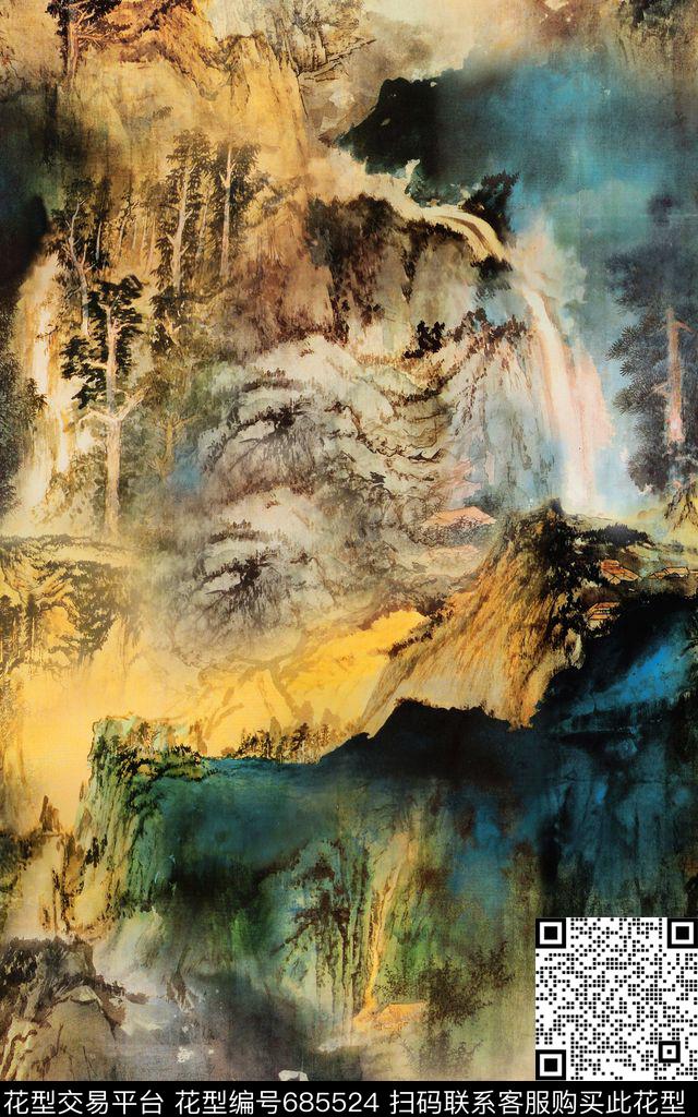 山水画中国风庐山数码印花华亿平台下载（图片编号: 685524） - 瓦栏（Walan）