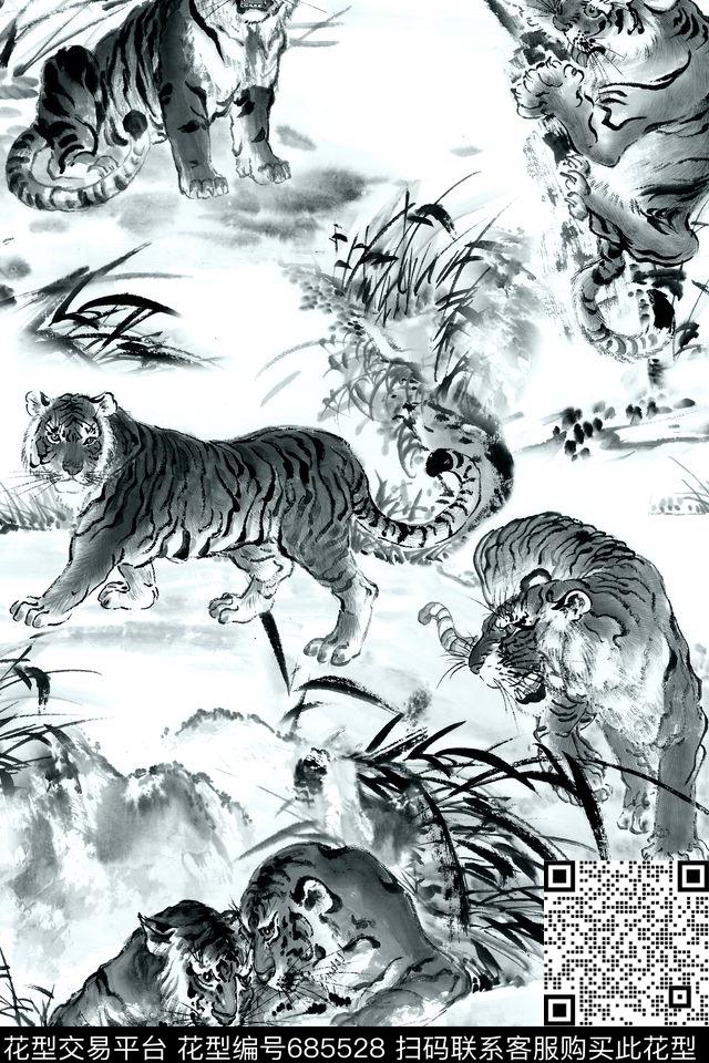 老虎中国风水墨风数码印花华亿平台下载（图片编号: 685528） - 瓦栏（Walan）