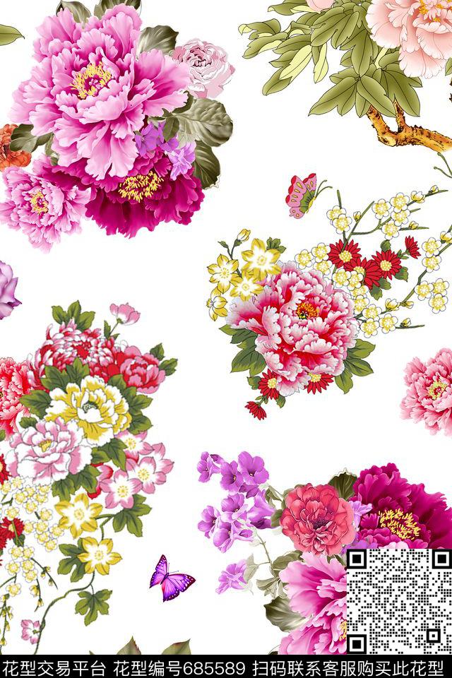 牡丹花卉蝴蝶数码印花华亿平台下载（图片编号: 685589） - 瓦栏（Walan）
