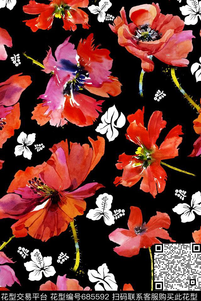 油画花卉橘黄数码印花华亿平台下载（图片编号: 685592） - 瓦栏（Walan）