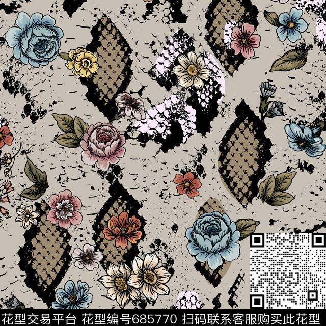 蛇皮抽象花卉时尚大牌传统印花华亿平台下载（图片编号: 685770） - 瓦栏（Walan）