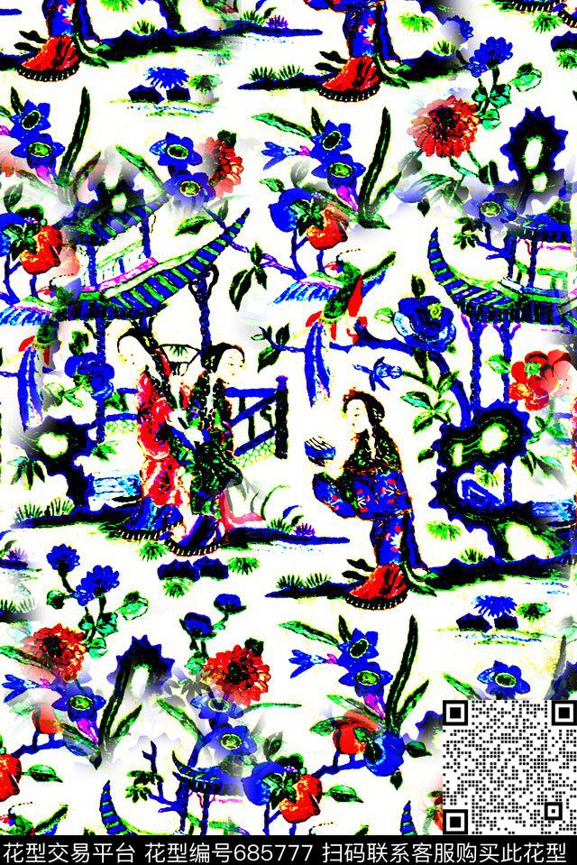 手绘中国风印花欧美大牌人物亭子印花绣花印花风格数码印花华亿平台下载（图片编号: 685777） - 瓦栏（Walan）