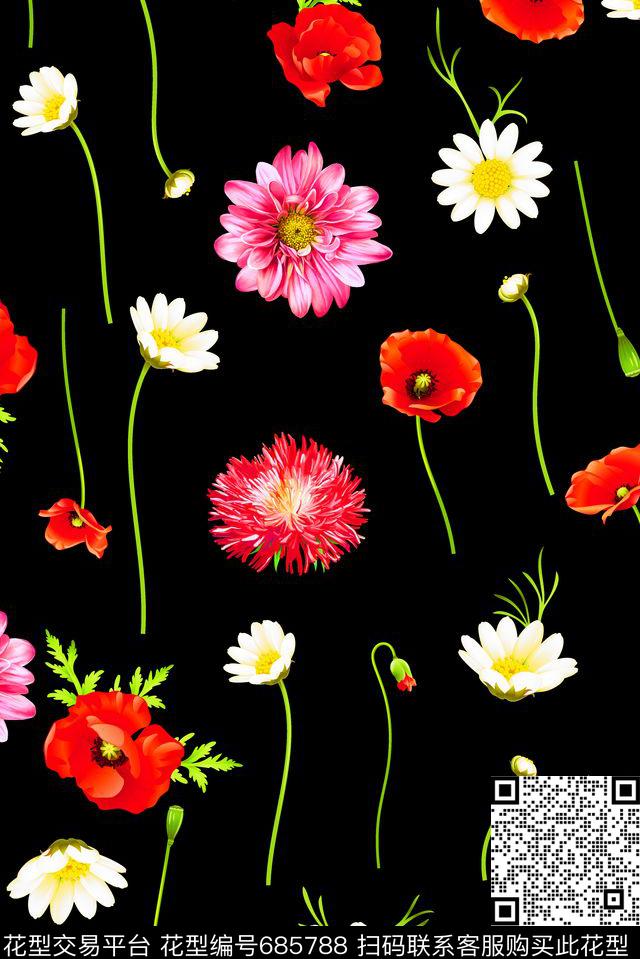 水彩罂粟雏菊数码印花华亿平台下载（图片编号: 685788） - 瓦栏（Walan）