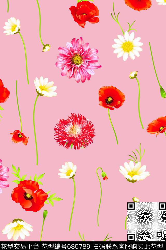 水彩罂粟雏菊数码印花华亿平台下载（图片编号: 685789） - 瓦栏（Walan）