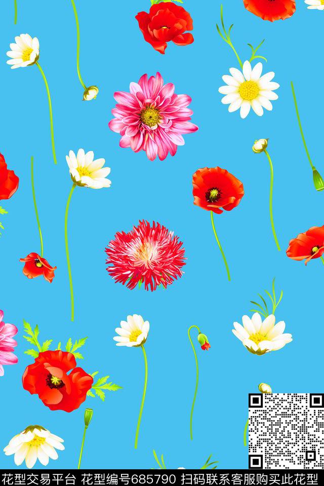 水彩罂粟雏菊数码印花华亿平台下载（图片编号: 685790） - 瓦栏（Walan）
