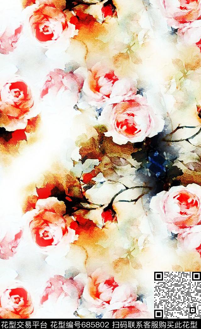 牡丹花卉玫瑰水彩干画笔画数码印花华亿平台下载（图片编号: 685802） - 瓦栏（Walan）