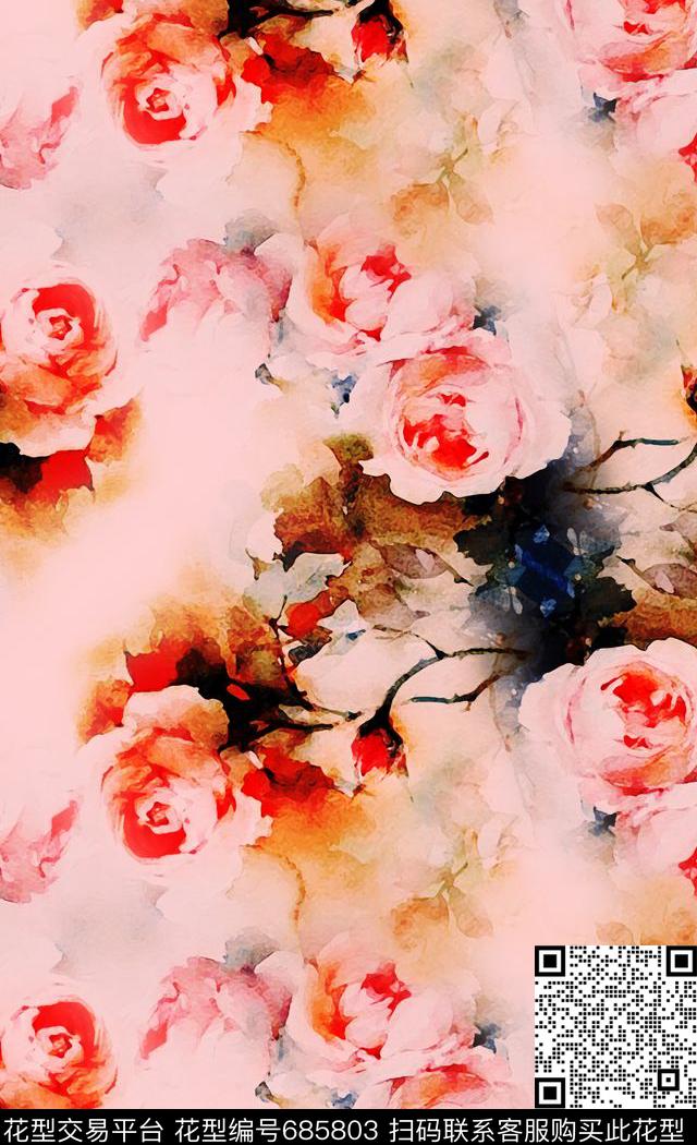 牡丹花卉玫瑰水彩干画笔画数码印花华亿平台下载（图片编号: 685803） - 瓦栏（Walan）