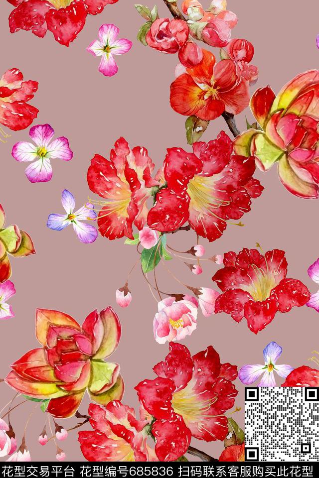 水彩花卉杏花数码印花华亿平台下载（图片编号: 685836） - 瓦栏（Walan）