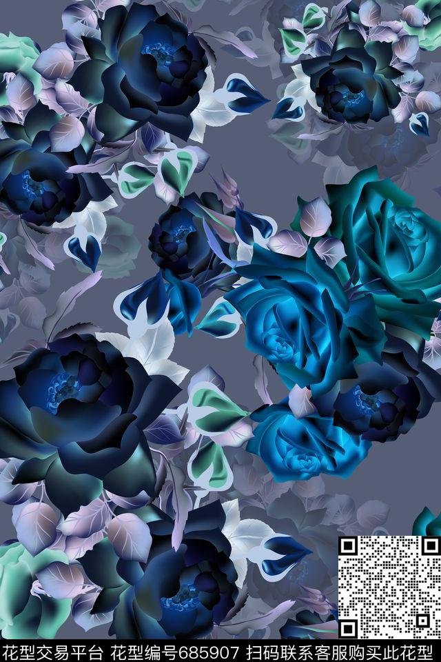 中国风大花花卉数码印花华亿平台下载（图片编号: 685907） - 瓦栏（Walan）