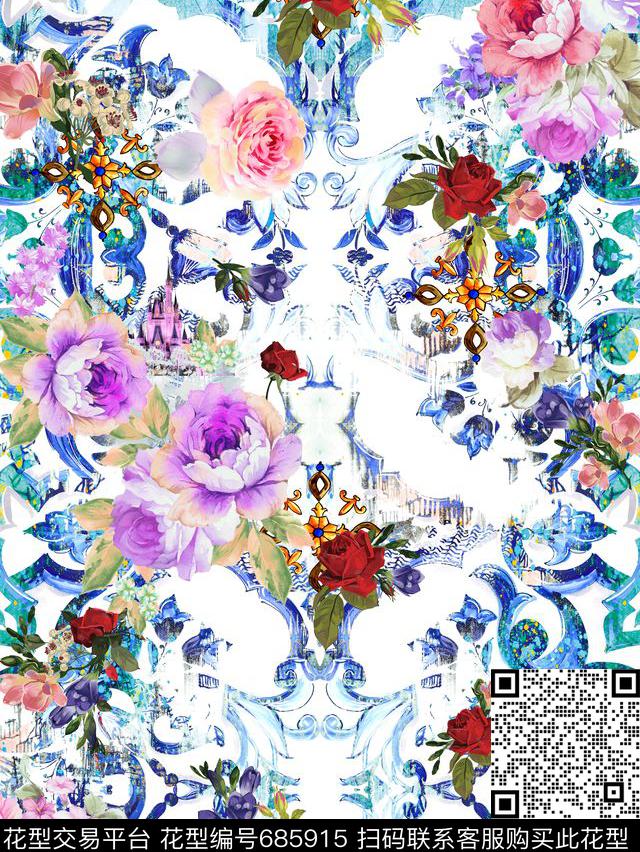 花卉瓷器卷草纹数码印花华亿平台下载（图片编号: 685915） - 瓦栏（Walan）