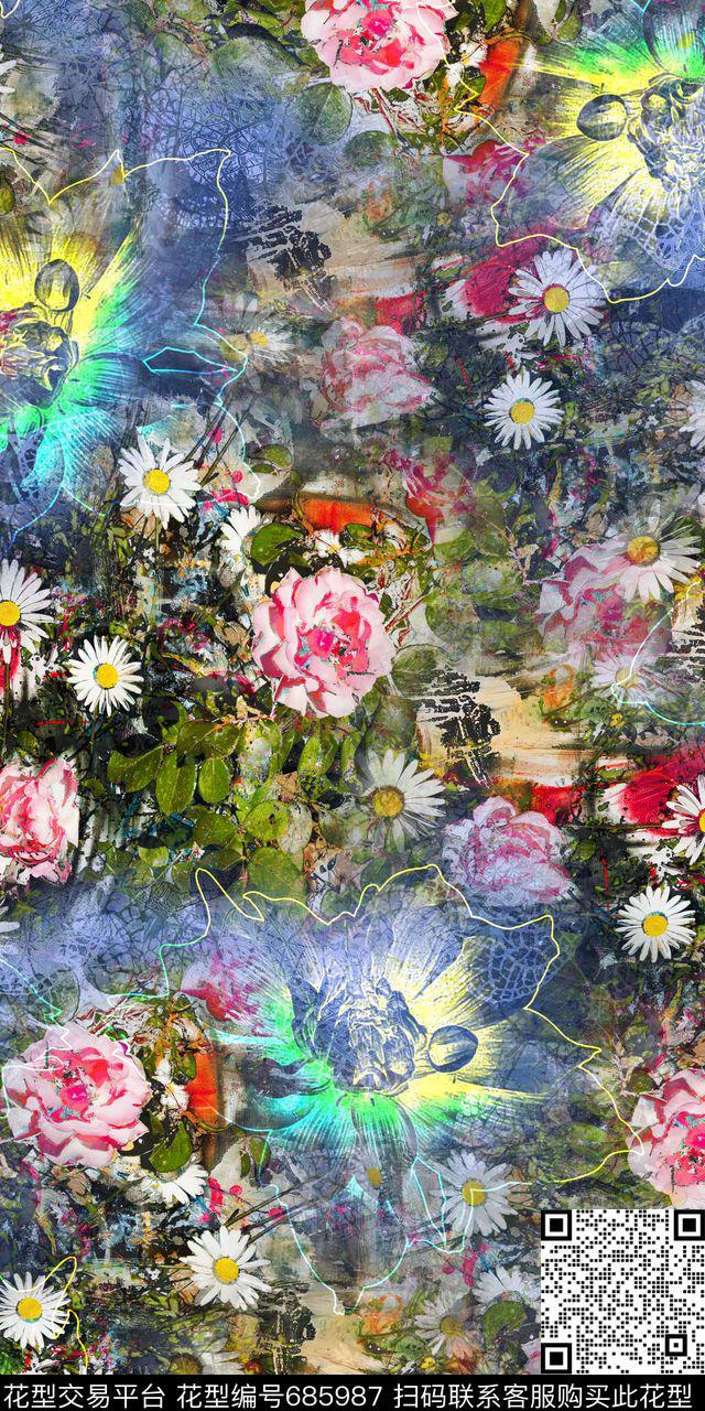 油画花卉抽象树叶玫瑰数码印花华亿平台下载（图片编号: 685987） - 瓦栏（Walan）