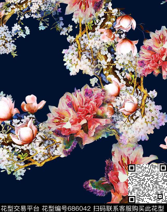 深色底水墨画数码花大气花卉数码印花华亿平台下载（图片编号: 686042） - 瓦栏（Walan）