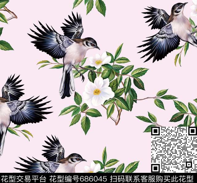 手绘树叶鸟树叶数码印花华亿平台下载（图片编号: 686045） - 瓦栏（Walan）