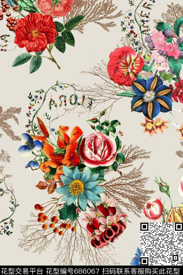 英伦风花卉珊瑚数码印花华亿平台下载（图片编号: 686067） - 瓦栏（Walan）