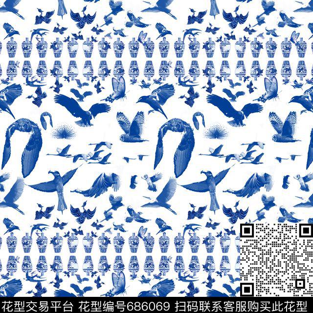 青花瓷蓝色创意数码印花华亿平台下载（图片编号: 686069） - 瓦栏（Walan）