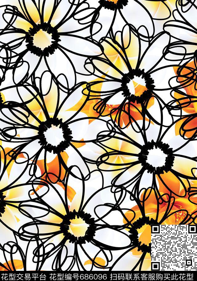 简约花卉花卉组合传统印花华亿平台下载（图片编号: 686096） - 瓦栏（Walan）