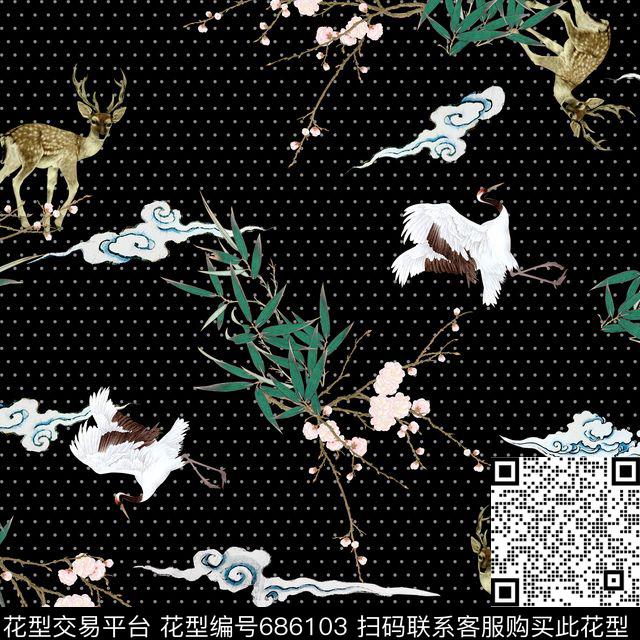 仙鹤中国风水墨数码印花华亿平台下载（图片编号: 686103） - 瓦栏（Walan）