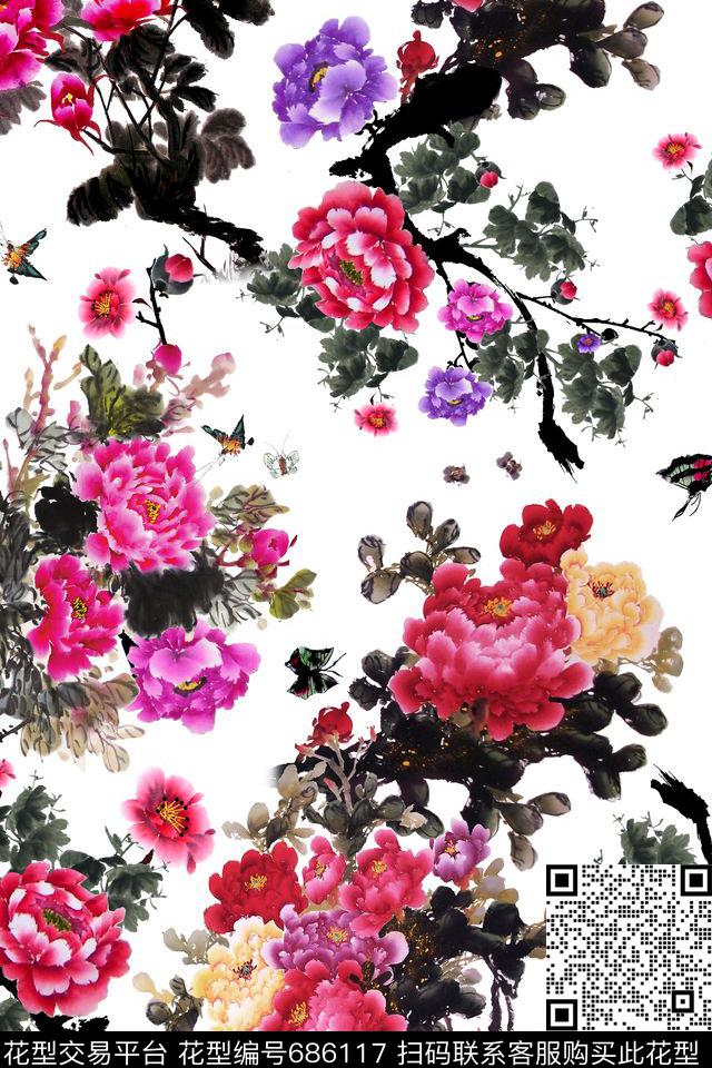 蝴蝶牡丹花卉数码印花华亿平台下载（图片编号: 686117） - 瓦栏（Walan）