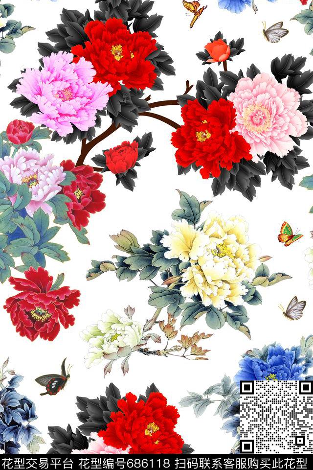 蝴蝶牡丹花朵数码印花华亿平台下载（图片编号: 686118） - 瓦栏（Walan）