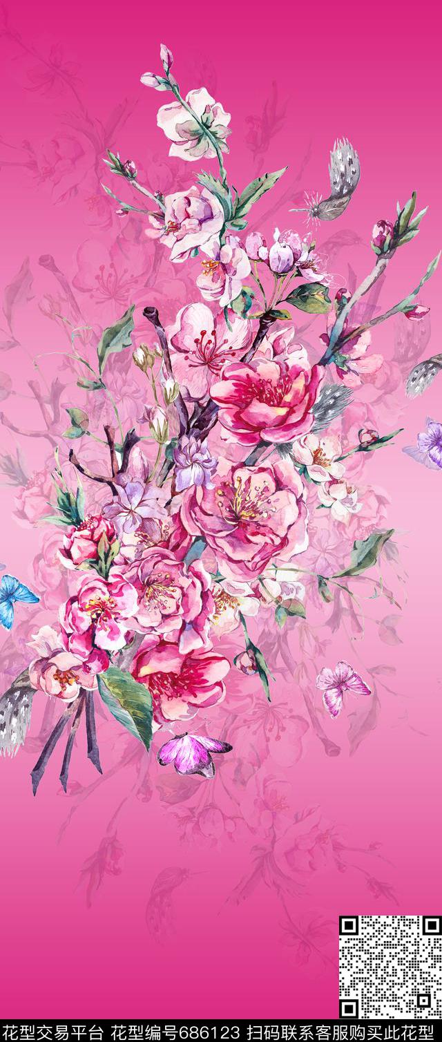 大朵梅花玫瑰数码印花华亿平台下载（图片编号: 686123） - 瓦栏（Walan）