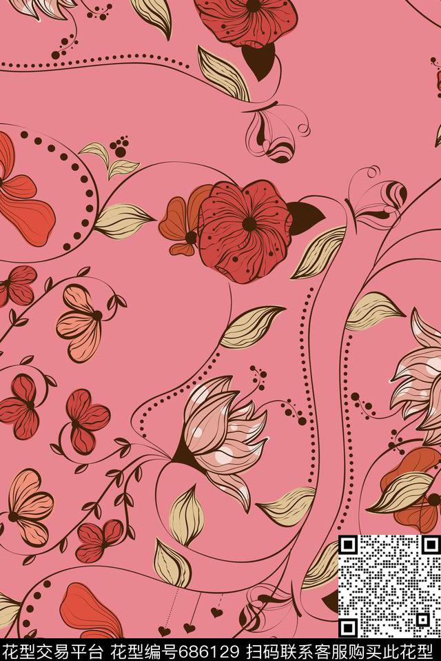 几何经典花卉传统印花华亿平台下载（图片编号: 686129） - 瓦栏（Walan）