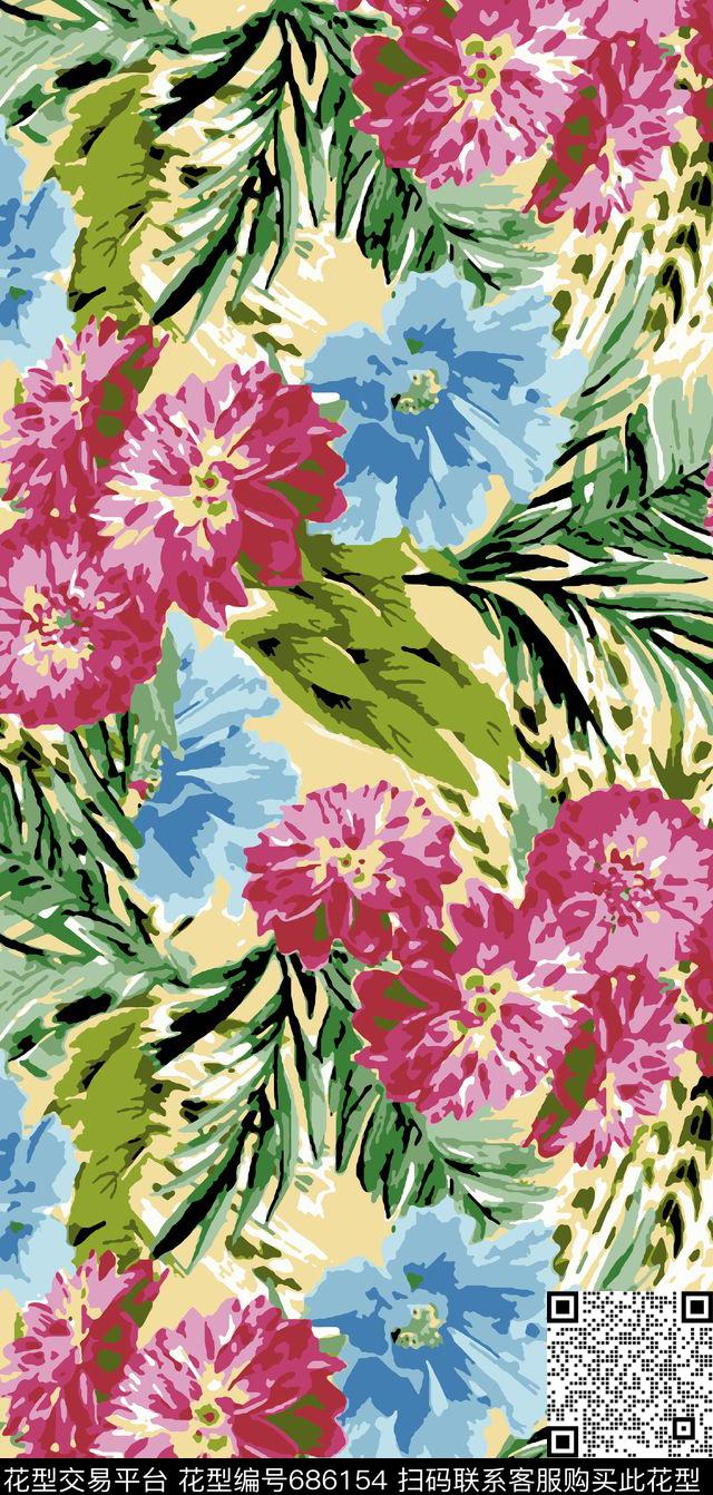 花卉手绘叶子传统印花华亿平台下载（图片编号: 686154） - 瓦栏（Walan）