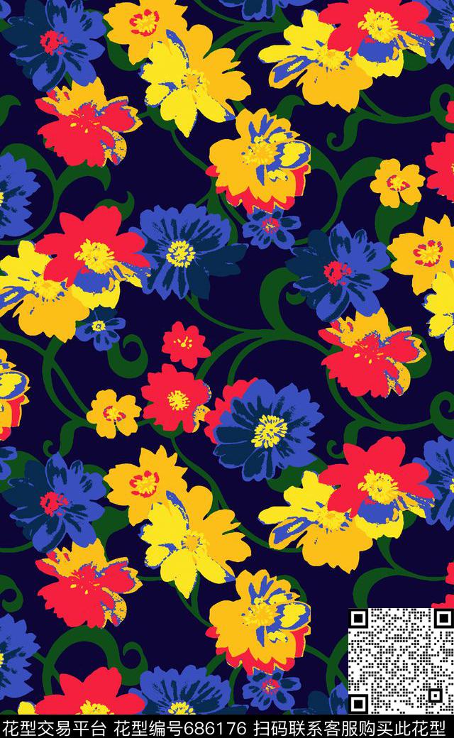 菊花卷草纹大花传统印花华亿平台下载（图片编号: 686176） - 瓦栏（Walan）