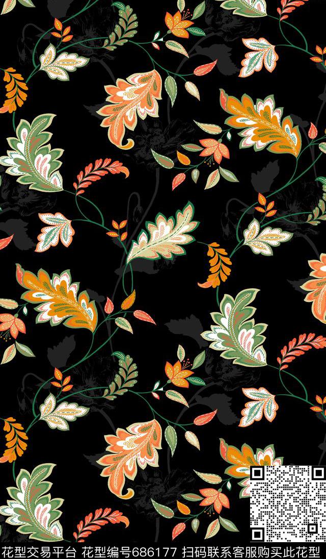 卷草纹民族风缠枝花传统印花华亿平台下载（图片编号: 686177） - 瓦栏（Walan）