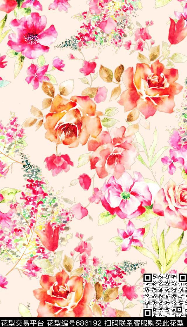 小清新水彩花卉时尚数码印花华亿平台下载（图片编号: 686192） - 瓦栏（Walan）