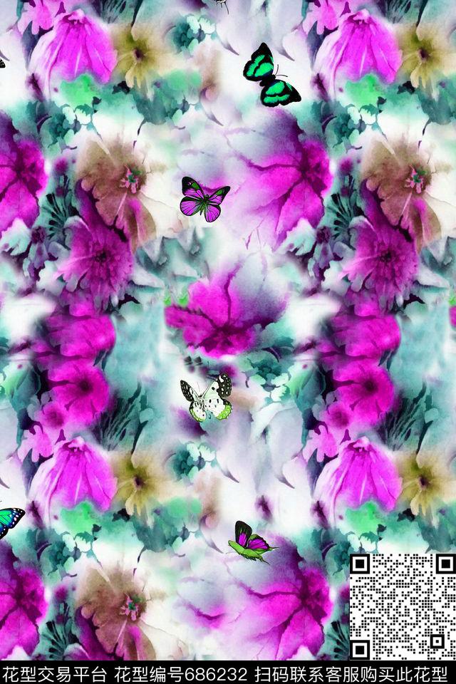 手绘水彩花卉数码印花华亿平台下载（图片编号: 686232） - 瓦栏（Walan）