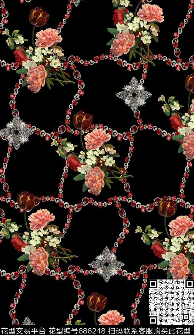 花卉珠宝链子数码印花华亿平台下载（图片编号: 686248） - 瓦栏（Walan）