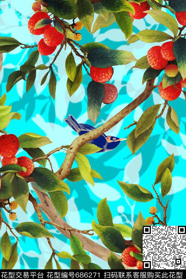 树子叶子鸟数码印花华亿平台下载（图片编号: 686271） - 瓦栏（Walan）
