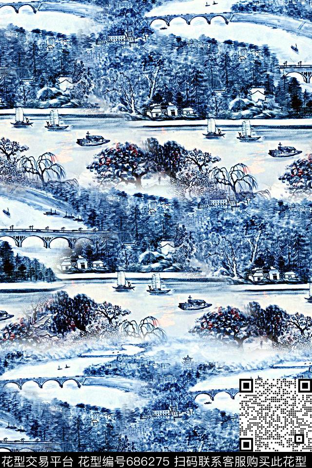 时尚潮流手绘女装旗袍中国风印花水墨画青花瓷印花风景湖泊山水画数码印花华亿平台下载（图片编号: 686275） - 瓦栏（Walan）