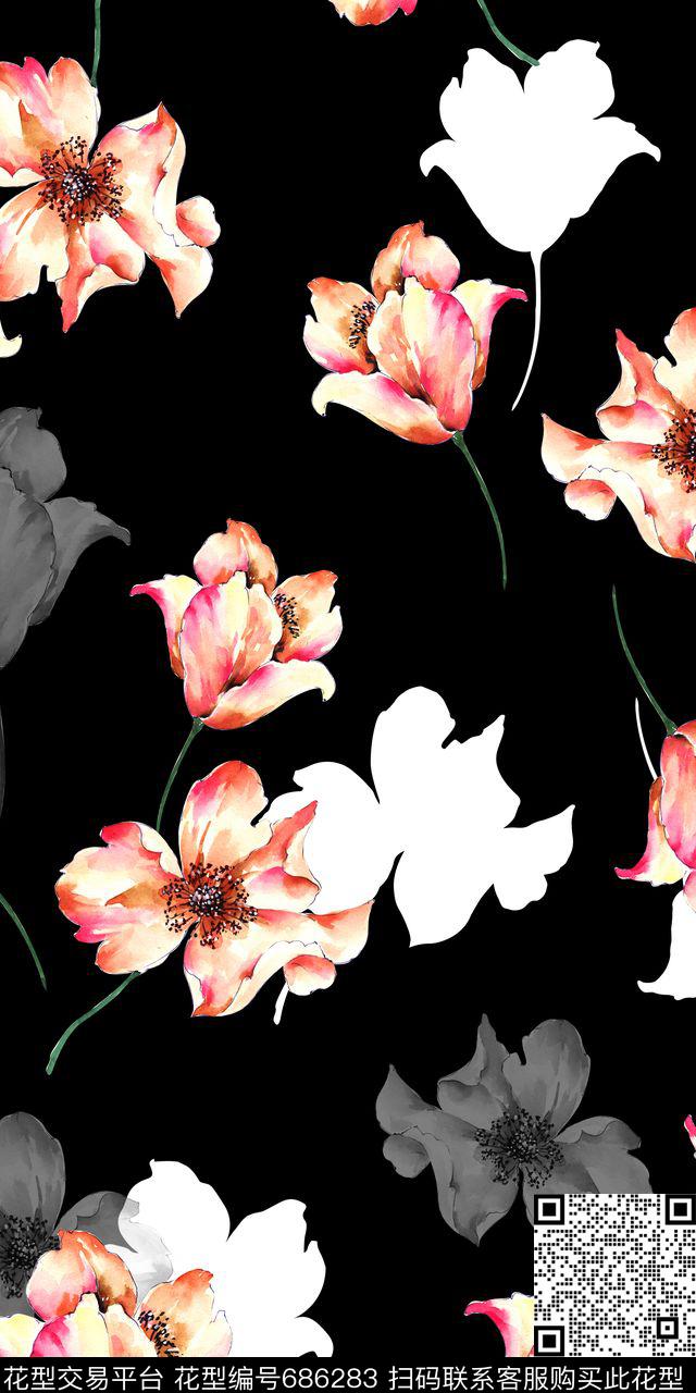 手绘花卉大气时尚水彩数码印花华亿平台下载（图片编号: 686283） - 瓦栏（Walan）