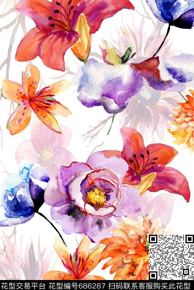 兰花花朵玫瑰数码印花华亿平台下载（图片编号: 686287） - 瓦栏（Walan）